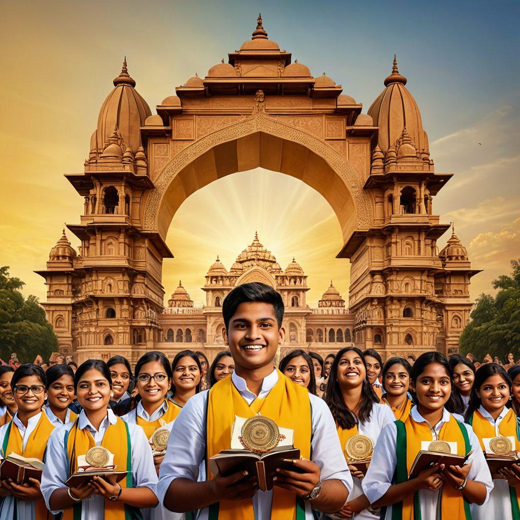 A vibrant collage featuring celebrating students from Bihar holding trophies and certificates with joyful expressions. The backdrop should include iconic Bihar landmarks and symbols of education, like books and graduation caps, radiating with golden light to signify glory and achievement. Bright colors should capture the energy and spirit of success. super-realistic. vibrant colors. dynamic composition.