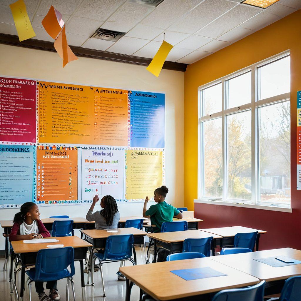 A vibrant classroom scene filled with engaged students of diverse backgrounds celebrating their academic achievements, with charts showing improvement on the walls. In the background, a banner reads 'Path to Progress'. Bright sun rays streaming through the windows symbolize hope and future opportunities. The focus is on joy and enlightenment, showcasing the impact of education on students' lives. super-realistic. vibrant colors. white background.