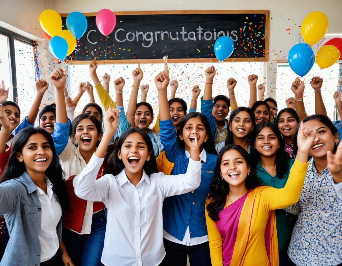 A jubilant classroom scene with students celebrating their Bihar Board examination results, holding certificates and trophies, surrounded by colorful balloons and confetti. In the background, a chalkboard displaying 'Congratulations!' in vibrant letters. The atmosphere is filled with joy and achievement. super-realistic. vibrant colors. 3D.